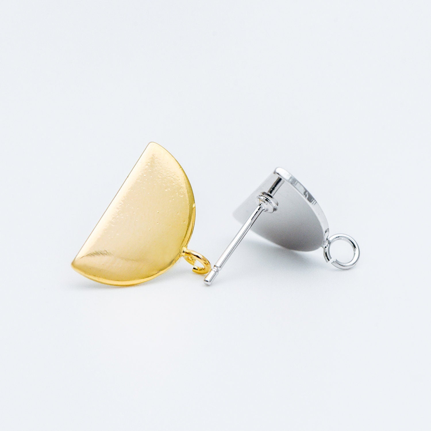 10pcs Gold/ Silver Geometric Ear Posts 16mm, Gold/ Rhodium plated Brass, Semi-circle Half Moon Fan Shaped Stud Earrings (GB-624-B)